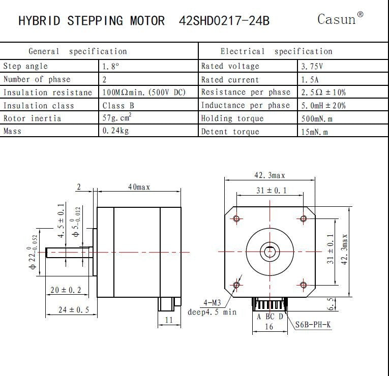 NEMA 17 Stepper Motor - 40mm, 50N-cm / 70oz-in